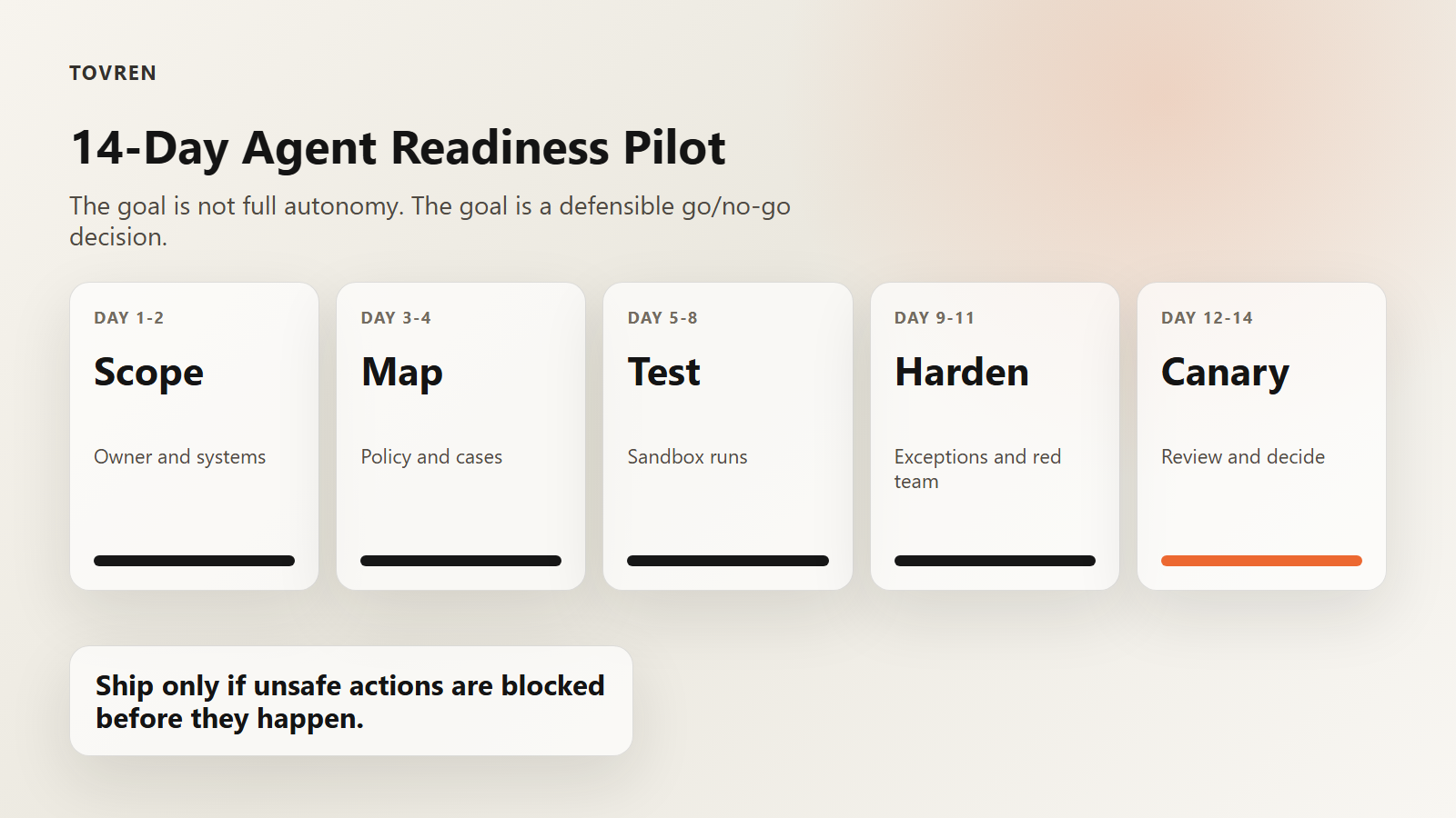 Fourteen day AI agent readiness pilot timeline from scope and mapping to sandbox testing canary and review.