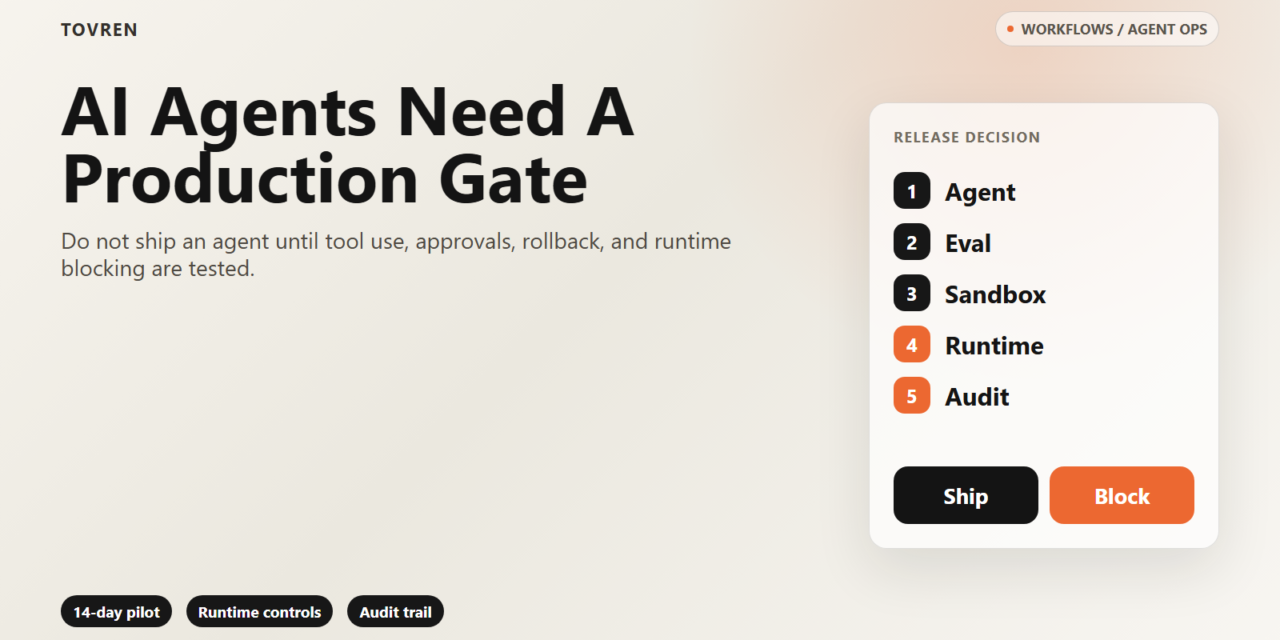 Premium editorial image showing AI agent evaluations as a production gate before enterprise deployment.