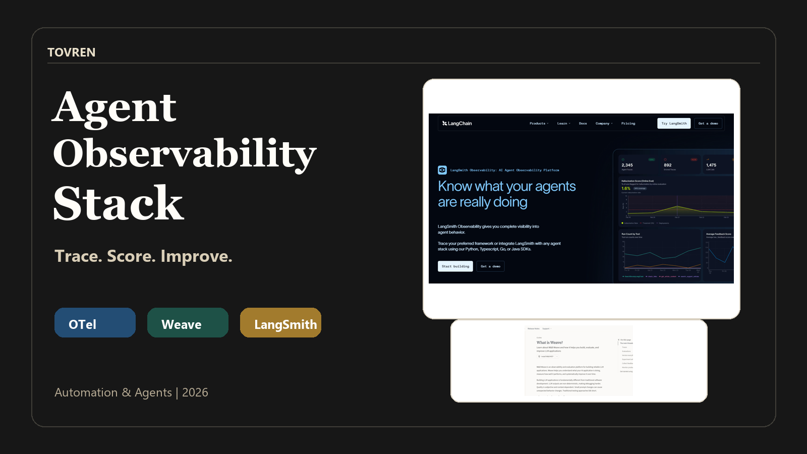Agent observability stack cover with LangSmith and Weave source screenshots