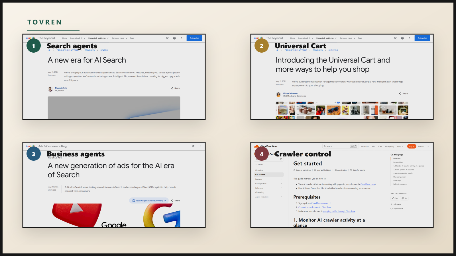 Wide source wall with official Google Search, Universal Cart, Business Agent, and Cloudflare AI Crawl Control screenshots.