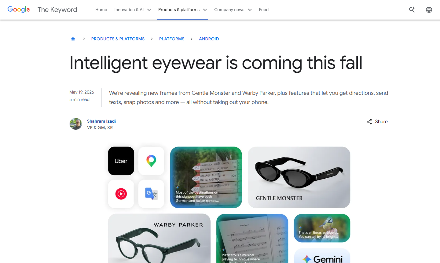 Screenshot of Google intelligent eyewear frames and Android XR features from Google I/O 2026