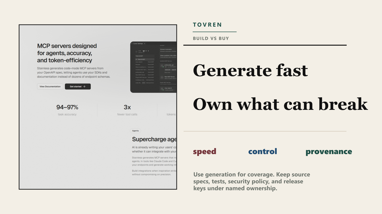 Premium editorial image about whether agent teams should generate SDK tooling or own critical infrastructure.