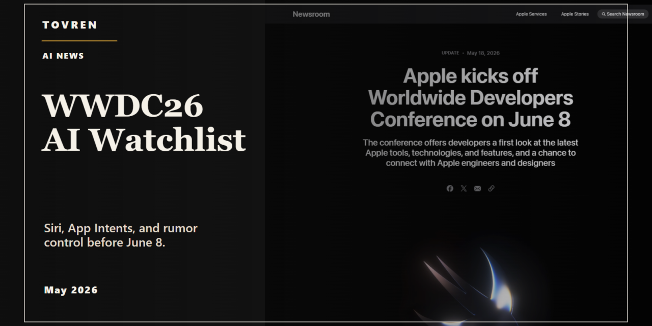 Premium editorial WWDC26 AI watchlist image about Siri App Intents and Apple Intelligence rumors.
