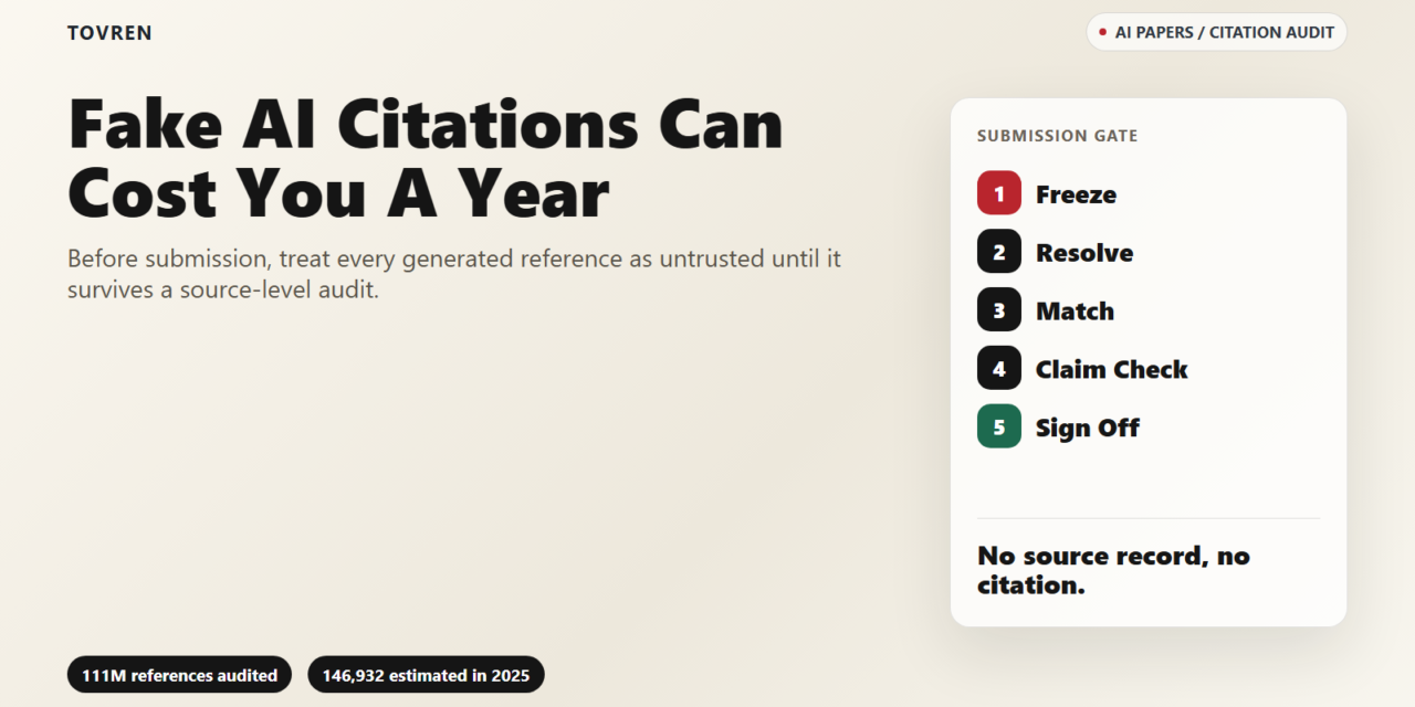 Premium editorial image showing a citation audit gate before research submission.