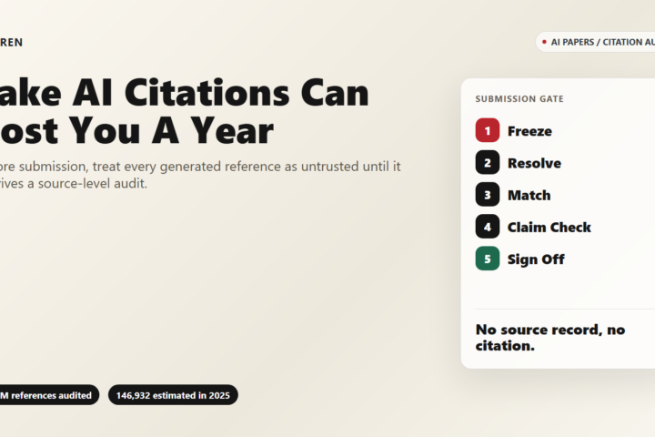 Premium editorial image showing a citation audit gate before research submission.