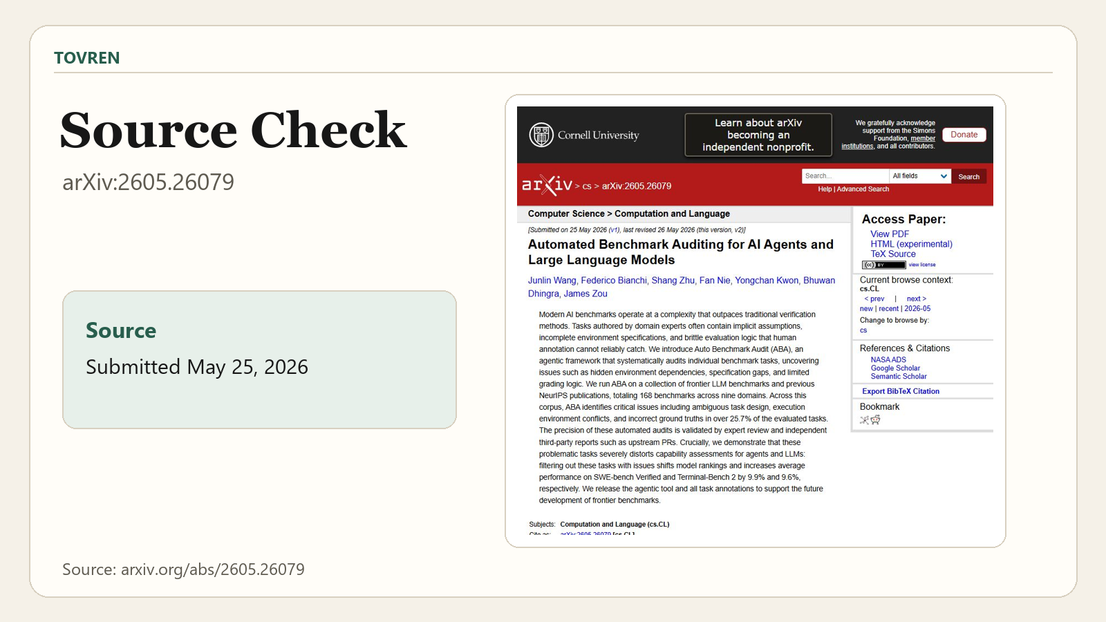 arXiv source page for Automated Benchmark Auditing for AI Agents and Large Language Models