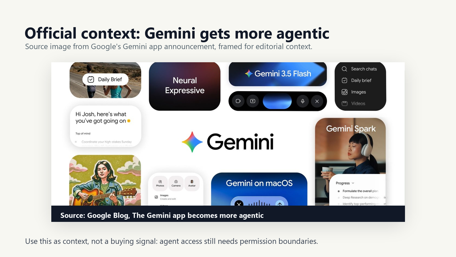 Google Gemini app announcement image framed with editorial context about Gemini Spark and agentic assistance.
