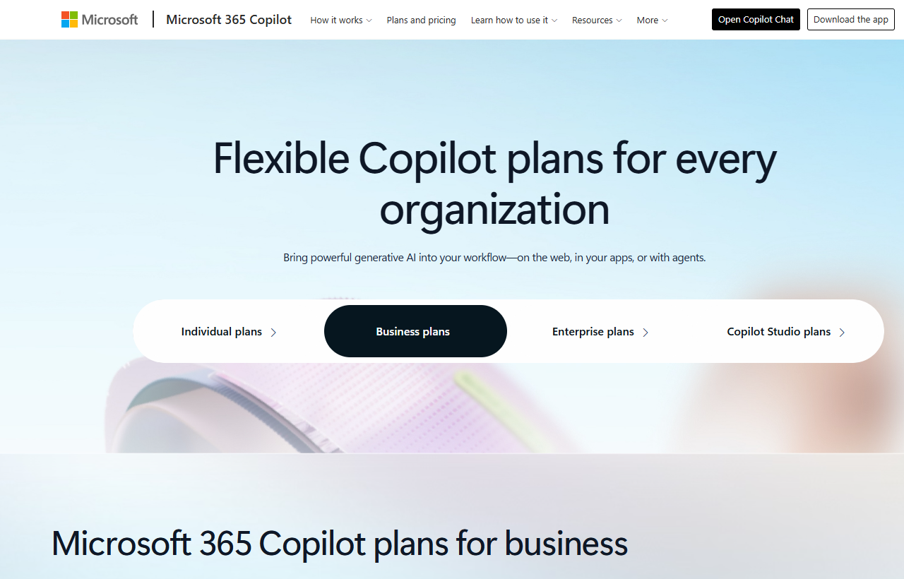 Microsoft 365 Copilot pricing page screenshot
