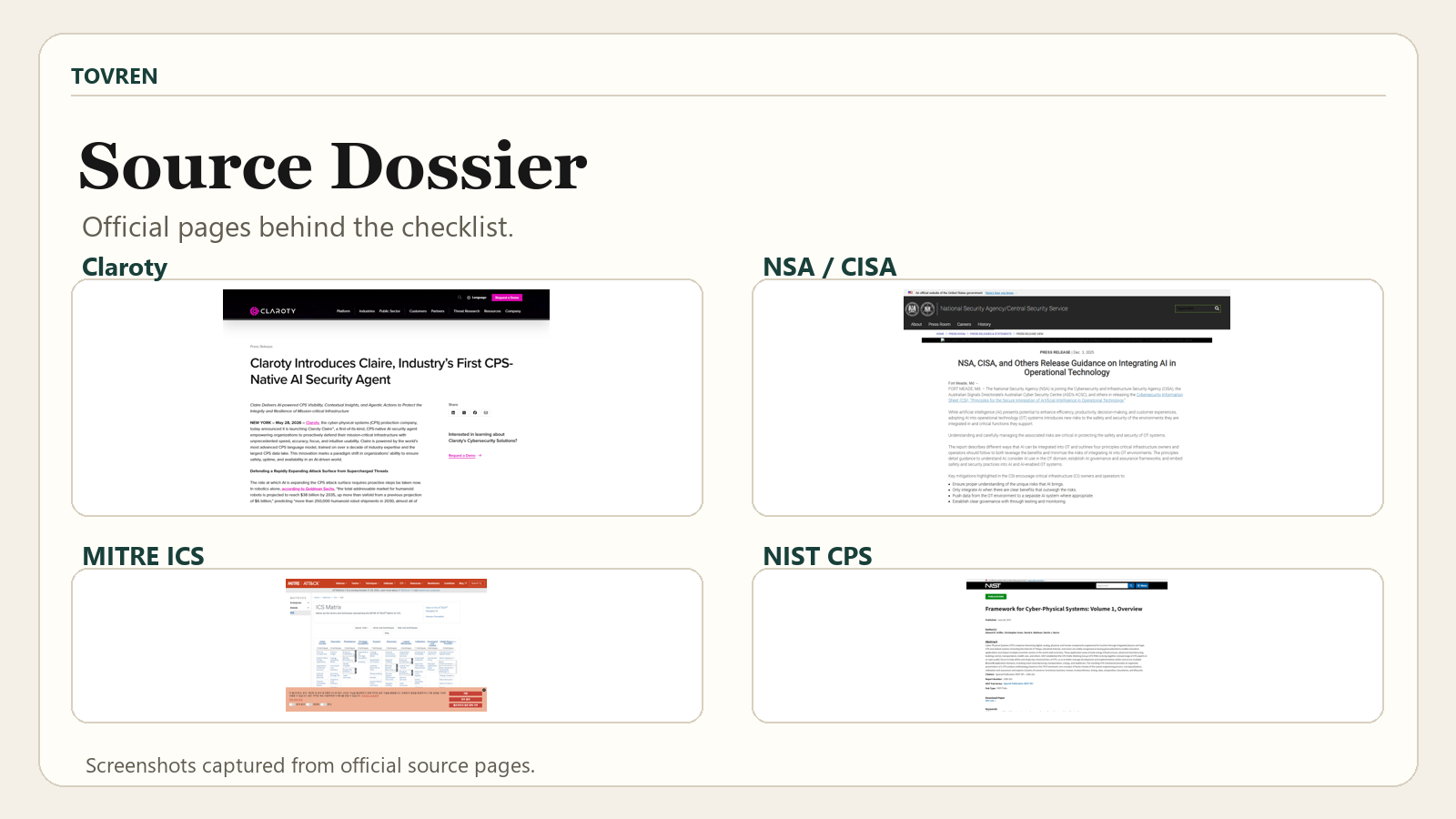 Official source dossier for Claroty Claire NSA CISA MITRE and NIST