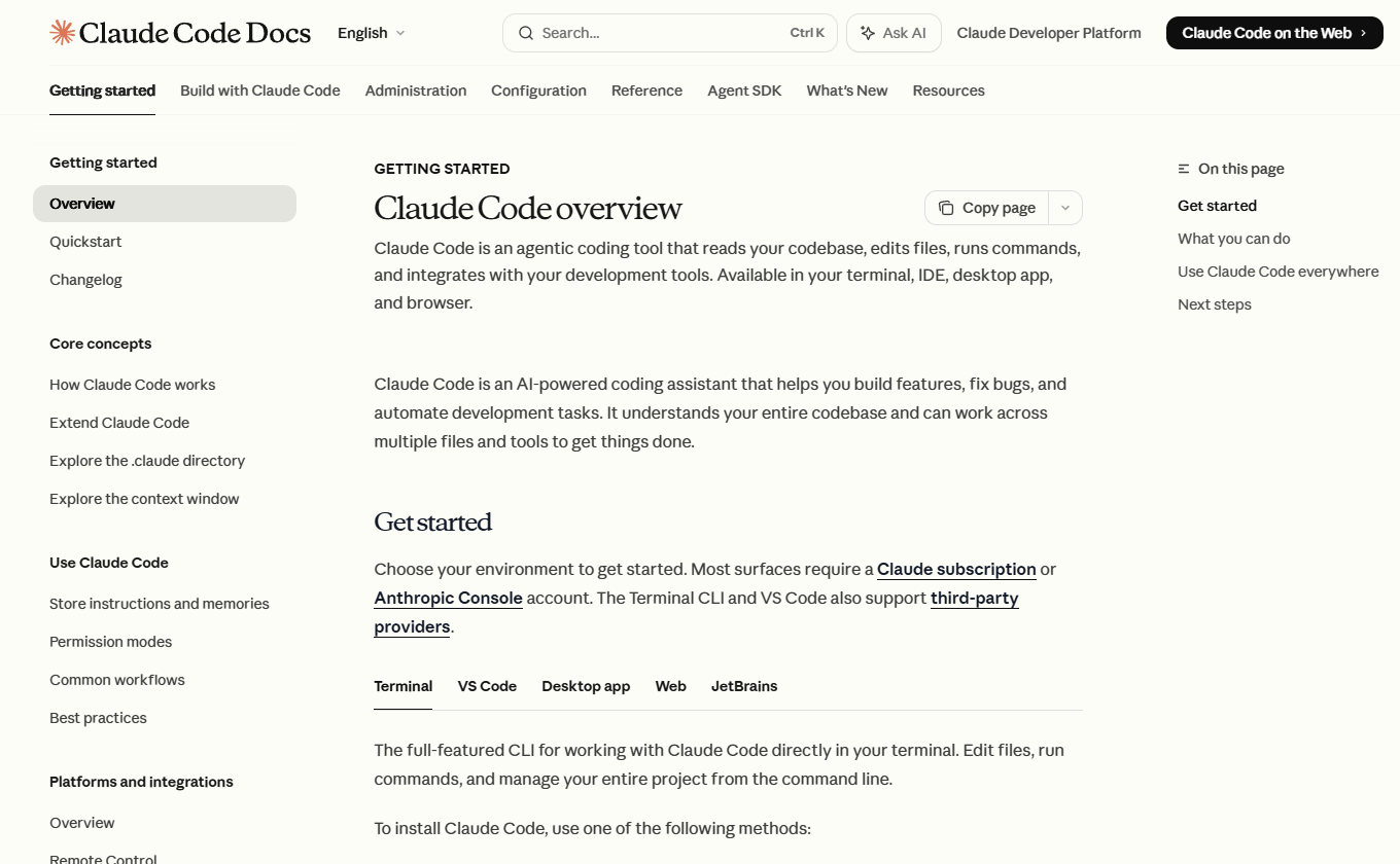 Official Claude Code overview documentation screenshot