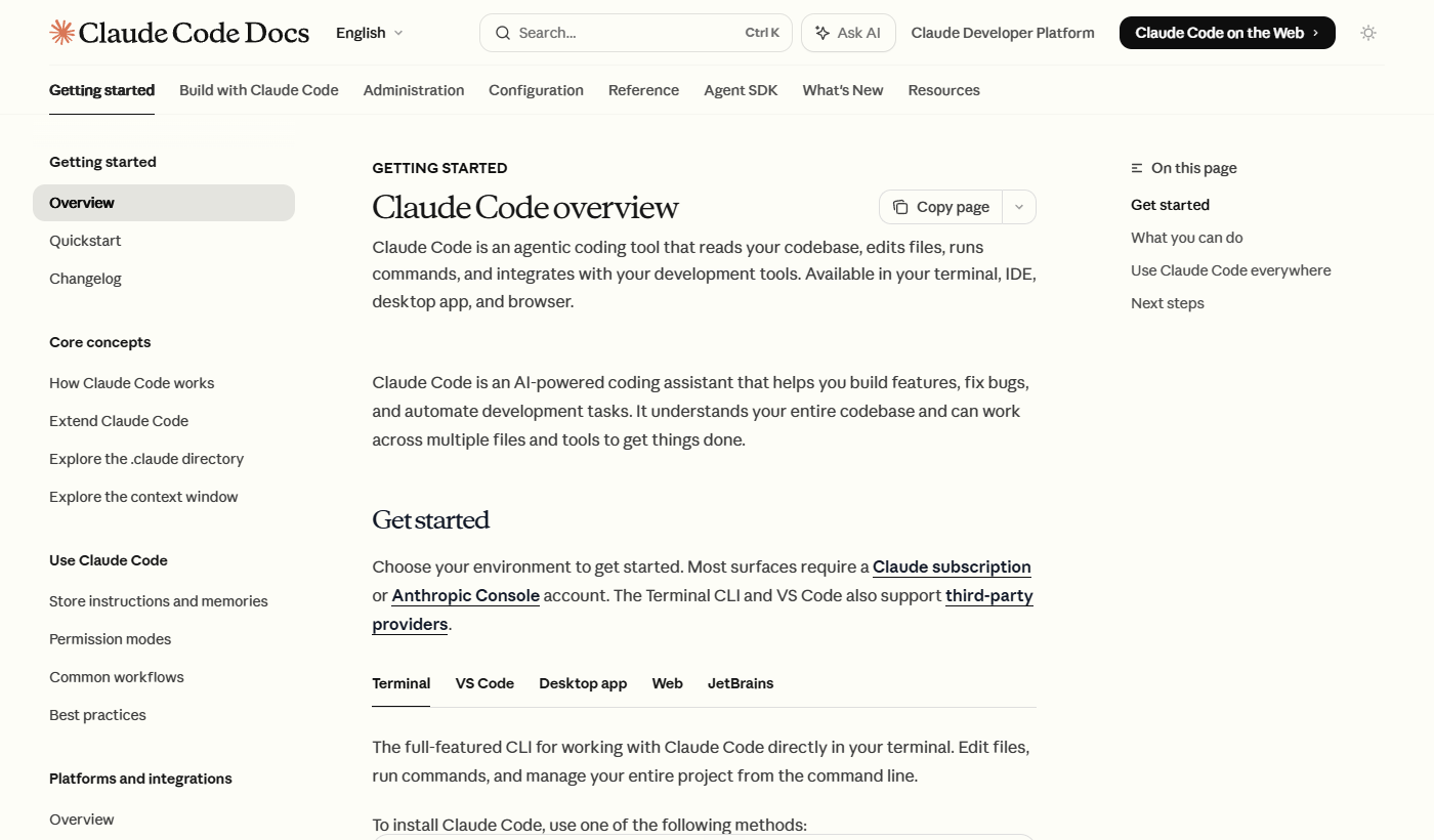 Official Claude Code documentation overview page screenshot