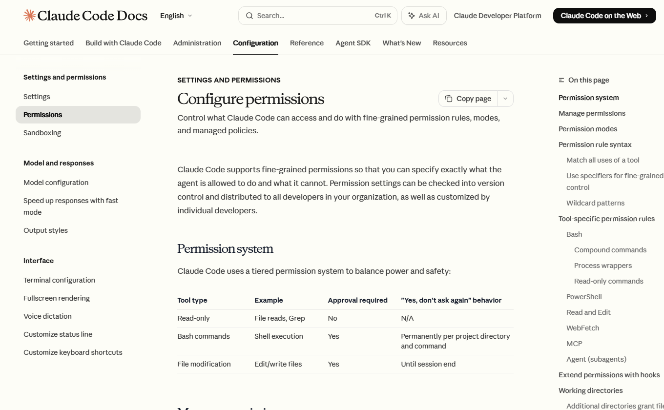 Screenshot of Claude Code permissions or sandboxing documentation showing fine-grained permission modes