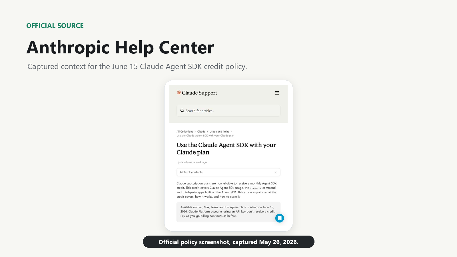 Official Anthropic Help Center page about using the Claude Agent SDK with a Claude plan, captured for source context.