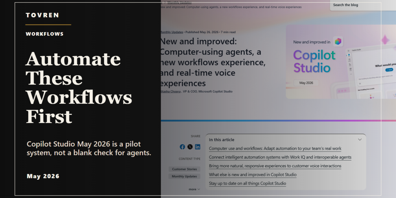 Premium editorial image for Copilot Studio May 2026 workflow automation with Microsoft source screenshot.