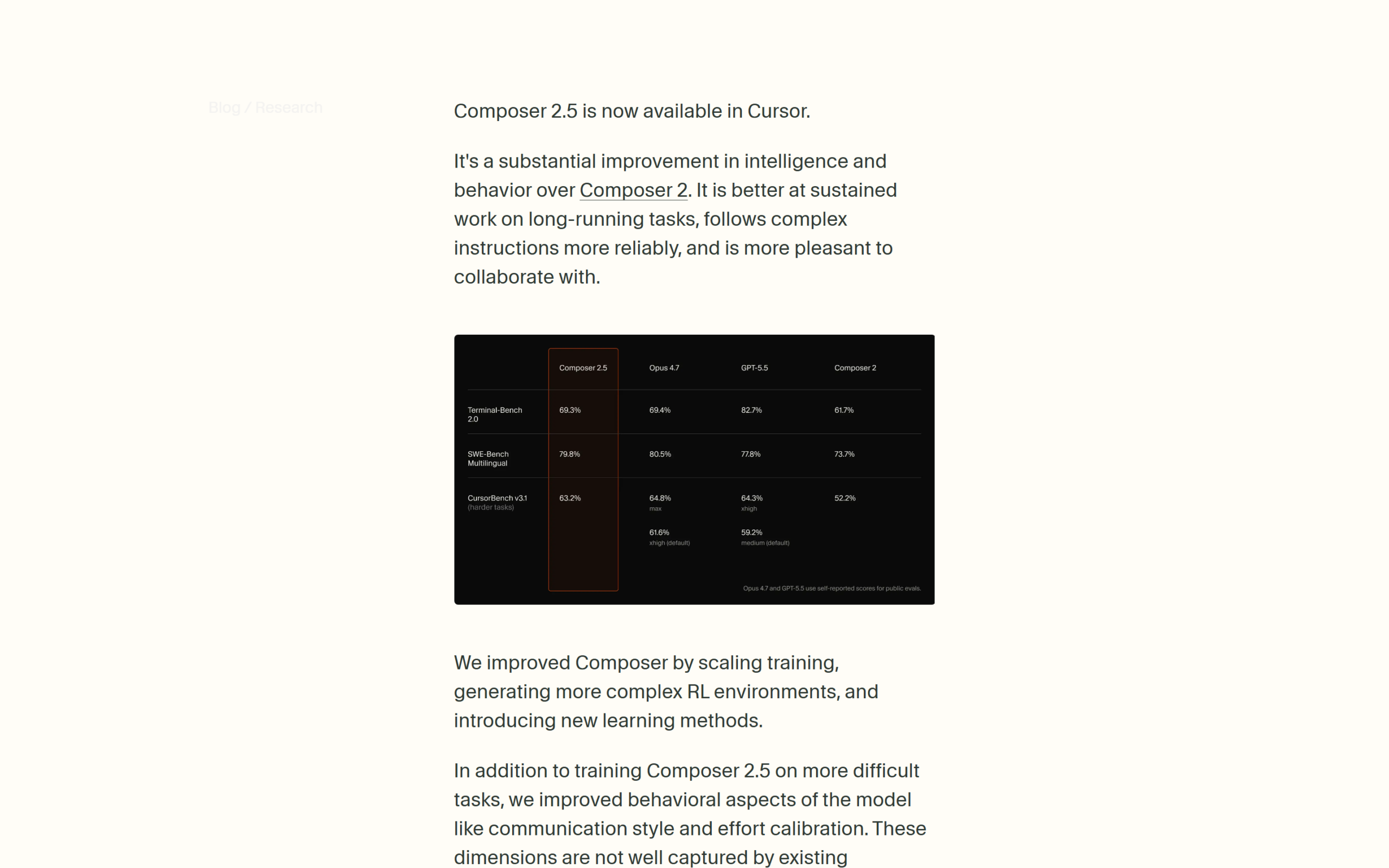 Screenshot of Cursor official blog post introducing Composer 2.5 on May 18, 2026.