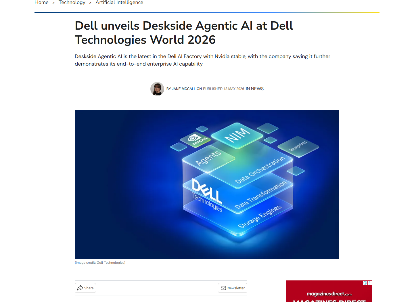 Source screenshot showing coverage of Dell Deskside Agentic AI at Dell Technologies World 2026.