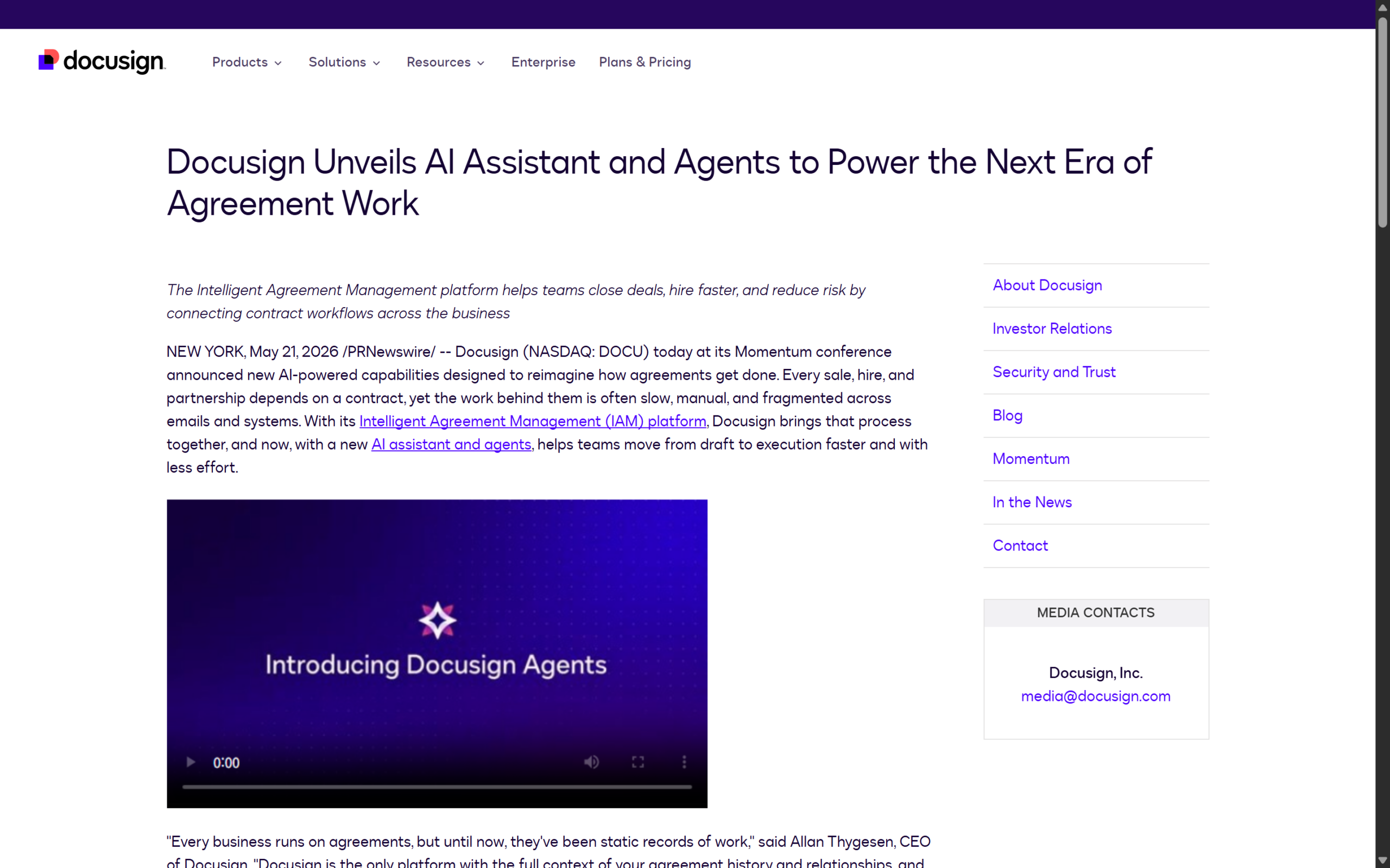 Screenshot of Docusign announcement titled Docusign Unveils AI Assistant and Agents to Power the Next Era of Agreement Work.