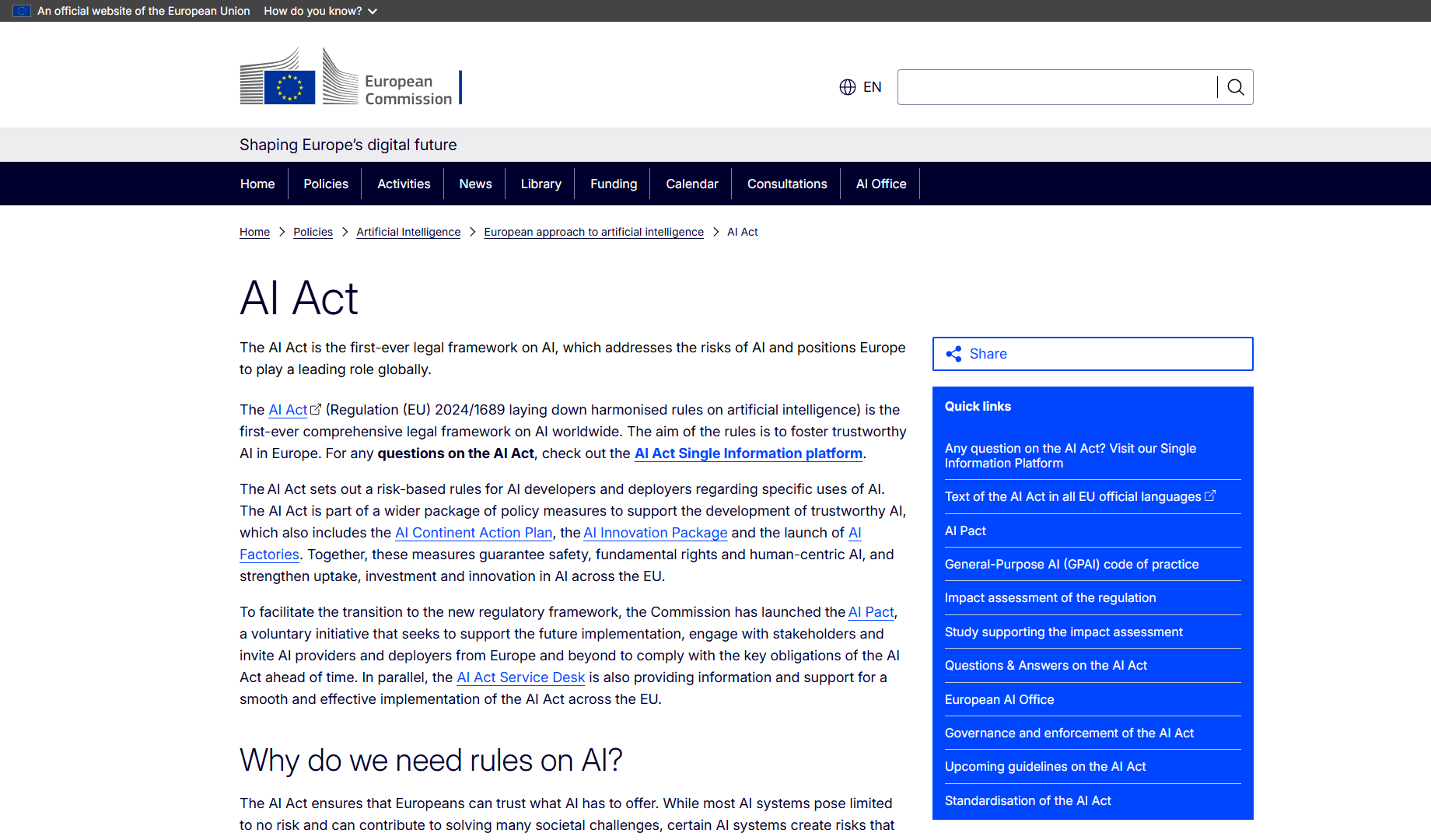 European Commission AI Act page showing 2026 application timeline and high-risk dates