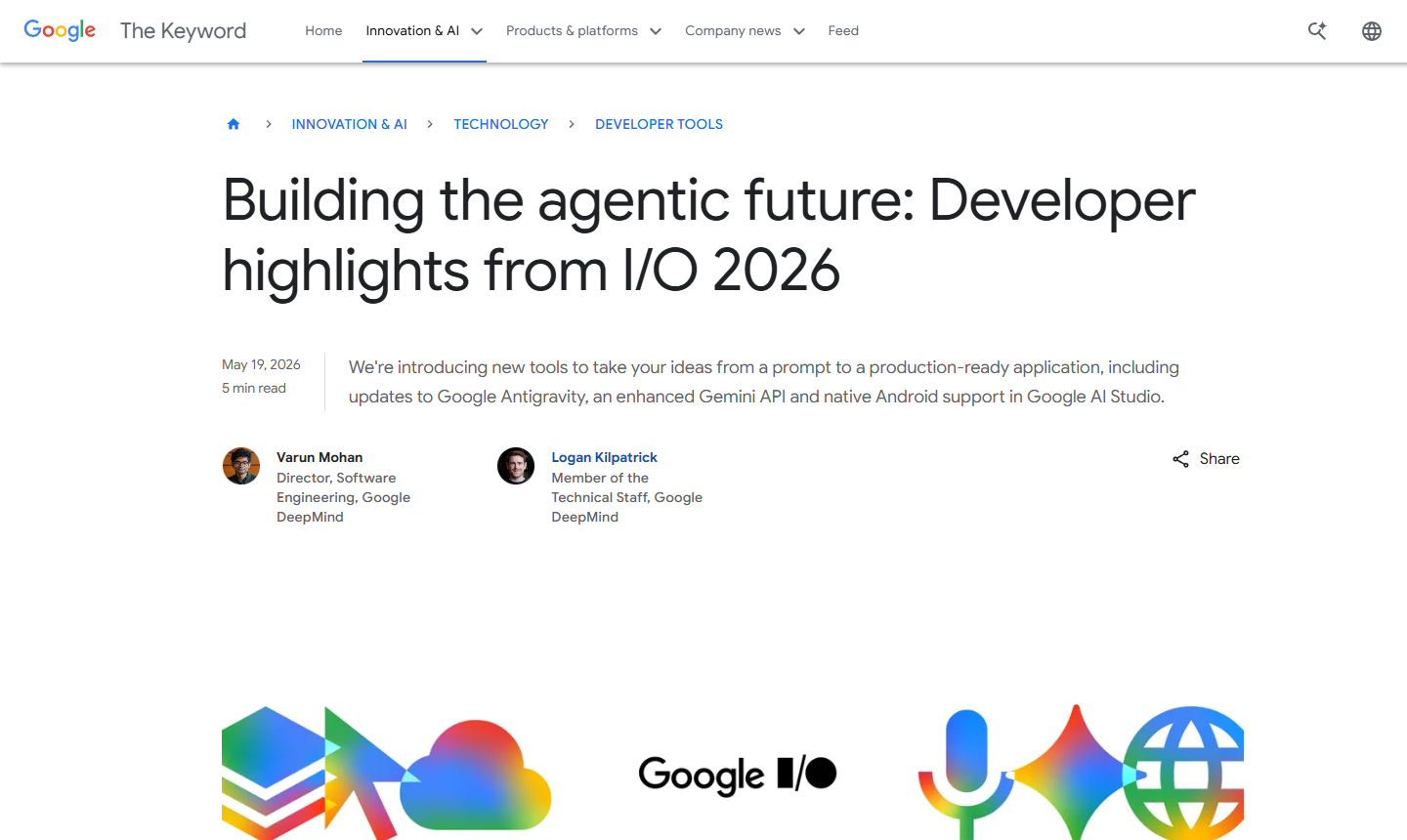 Screenshot of Google developer highlights for Antigravity and Gemini API from Google I/O 2026
