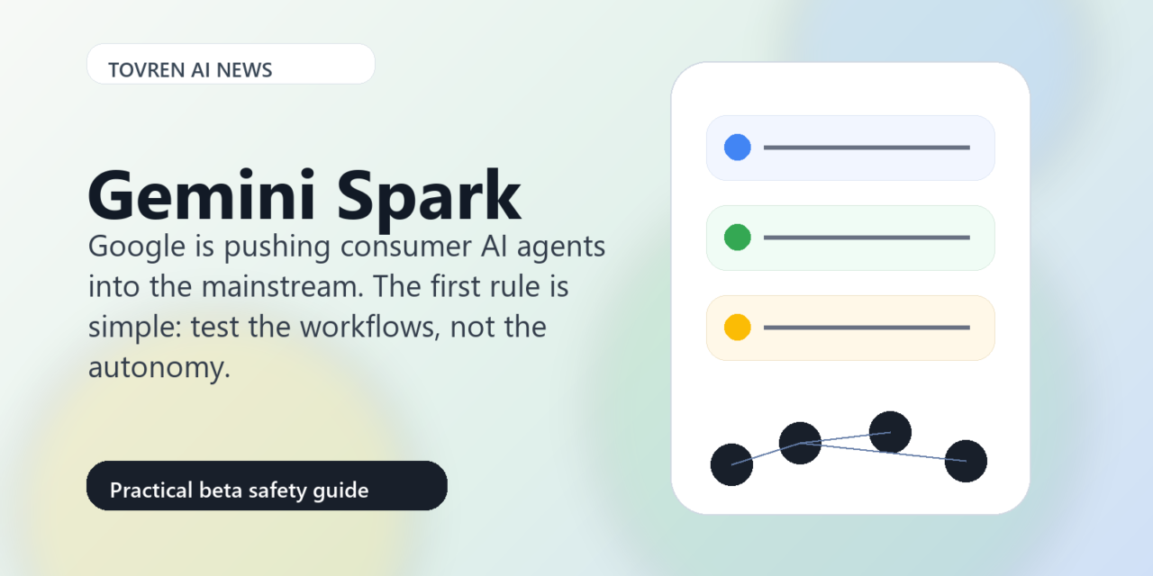 Editorial illustration of Gemini Spark as a consumer AI agent with workflow cards and connected agent nodes.