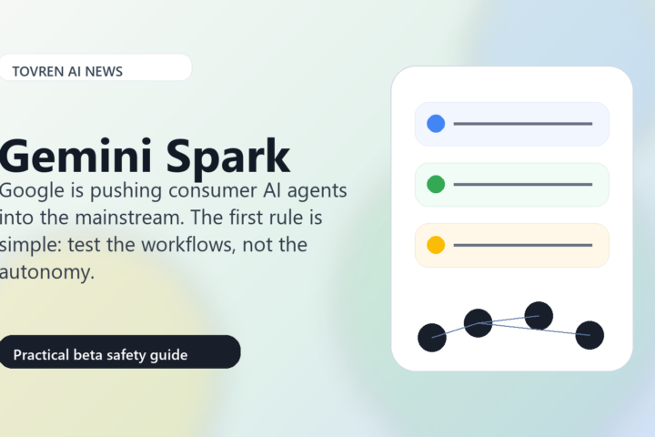 Editorial illustration of Gemini Spark as a consumer AI agent with workflow cards and connected agent nodes.