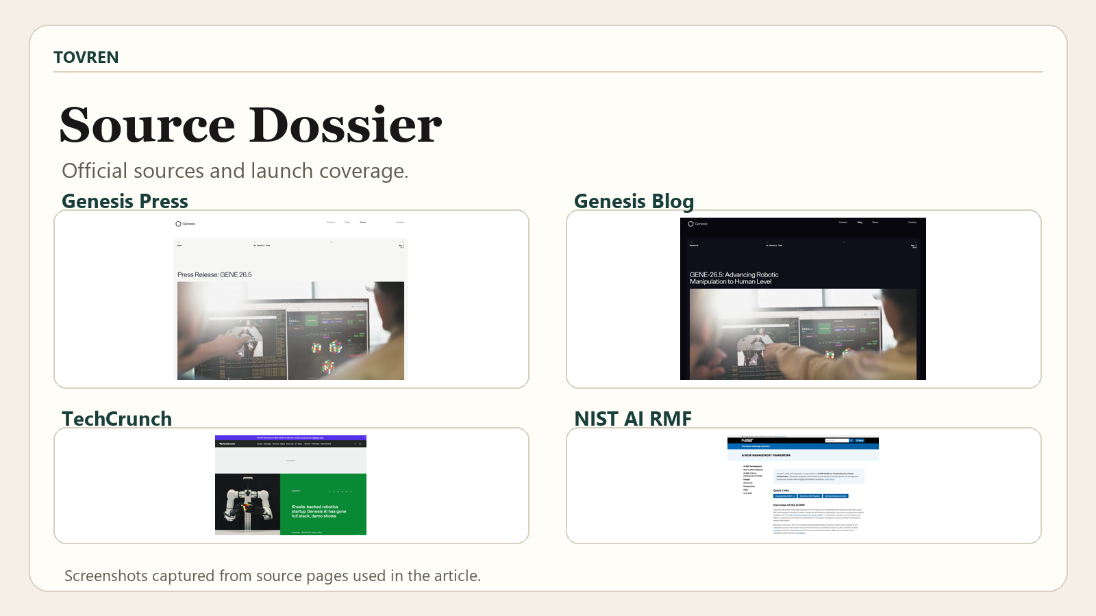 GENE-26.5 source dossier with Genesis TechCrunch and NIST pages