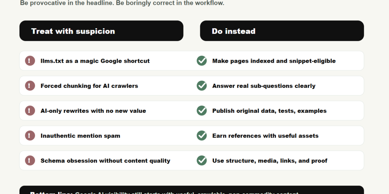 Matrix comparing unsupported GEO hacks with practical Google AI Mode SEO actions