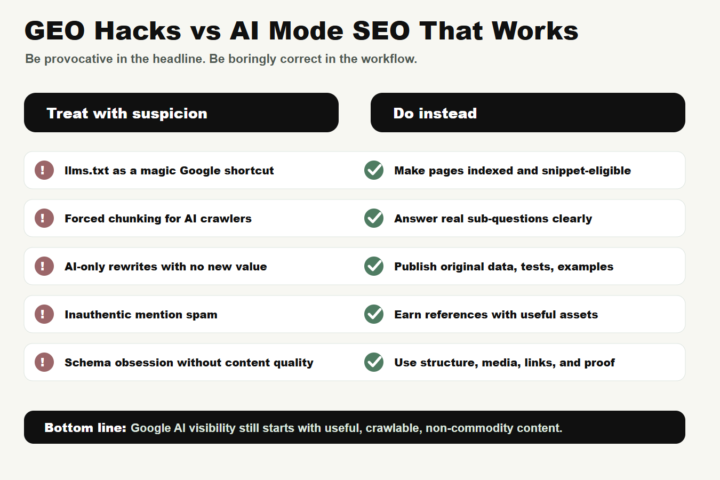 Matrix comparing unsupported GEO hacks with practical Google AI Mode SEO actions