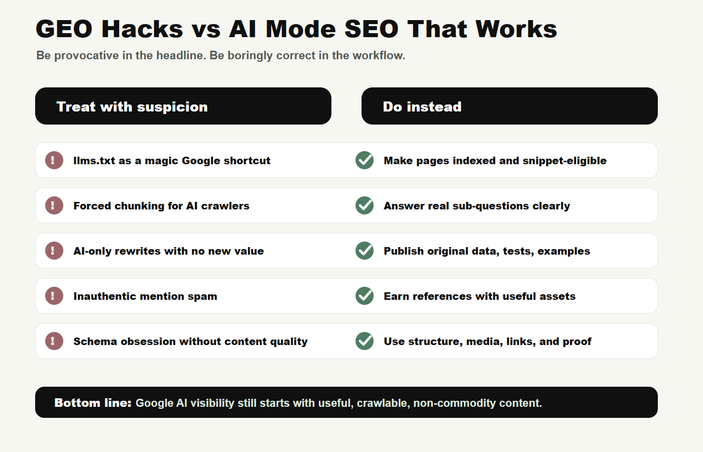 Matrix comparing unsupported GEO hacks with practical Google AI Mode SEO actions