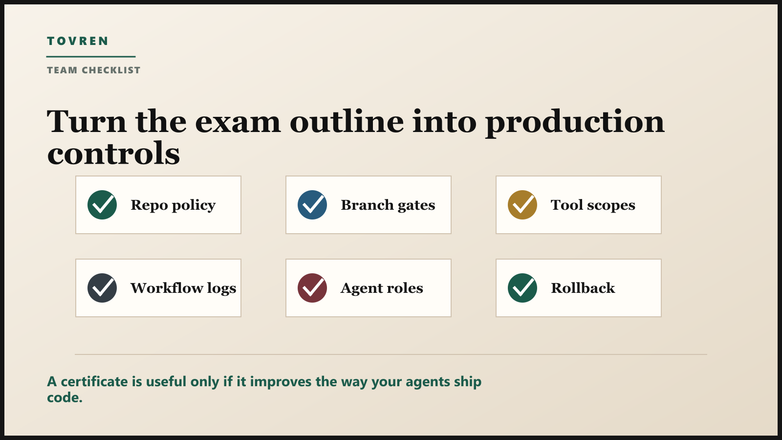 Team readiness checklist for repo policy branch gates tool scopes workflow logs agent roles and rollback.