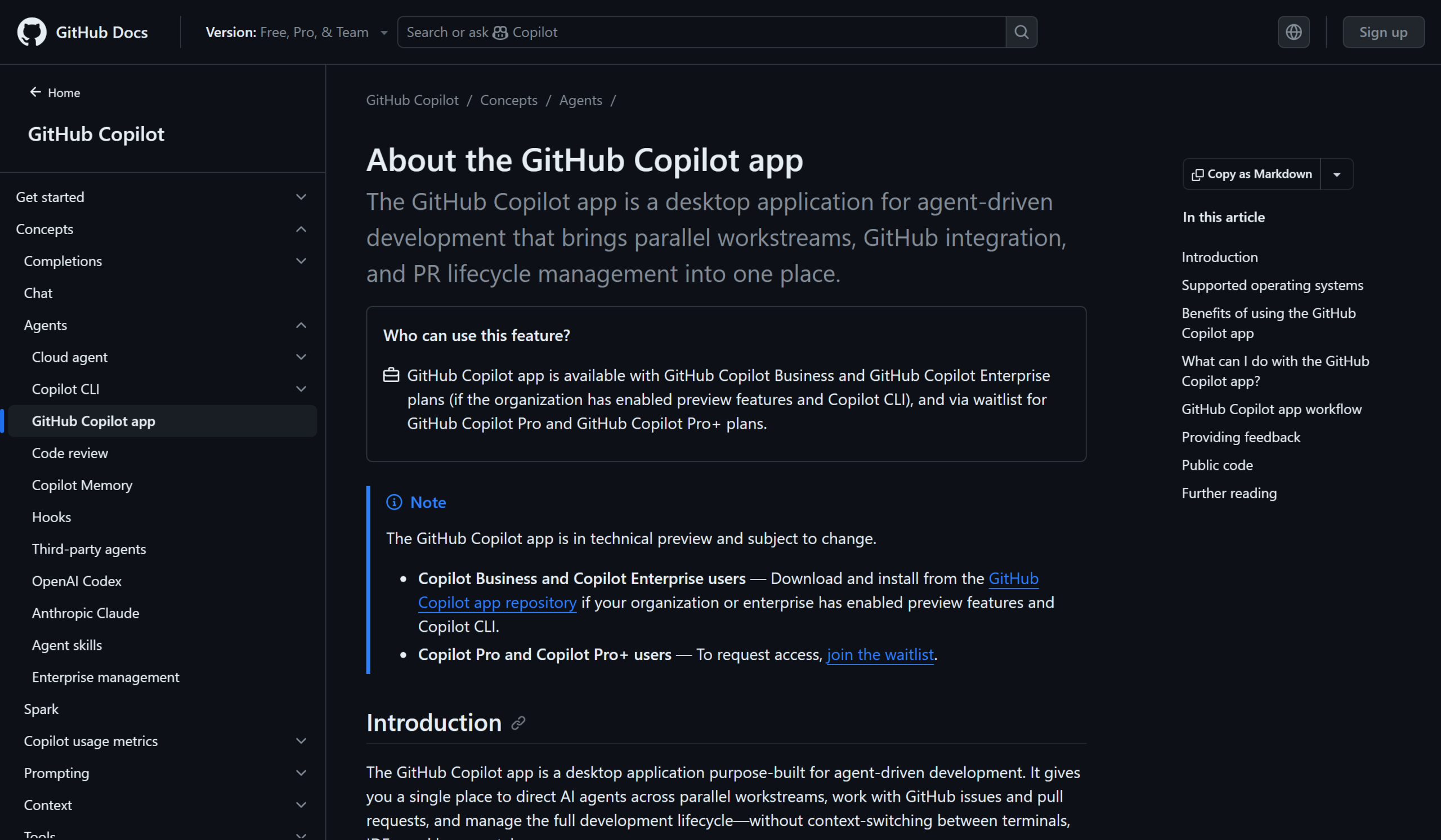 Screenshot of GitHub Docs page explaining the GitHub Copilot app technical preview and agent-driven development workflow.