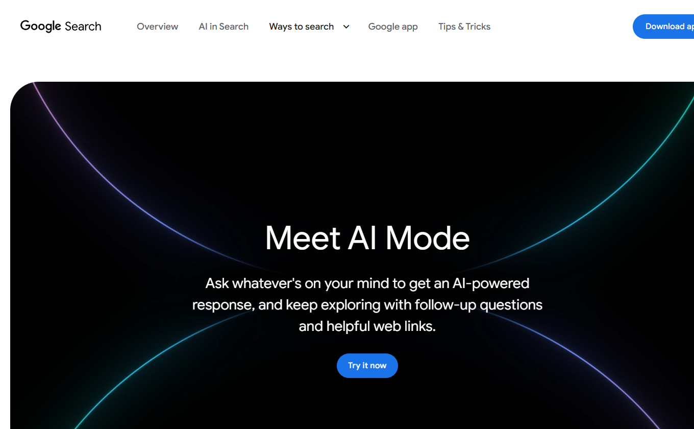 Screenshot of Google’s AI Mode product page showing follow-up questions and web links