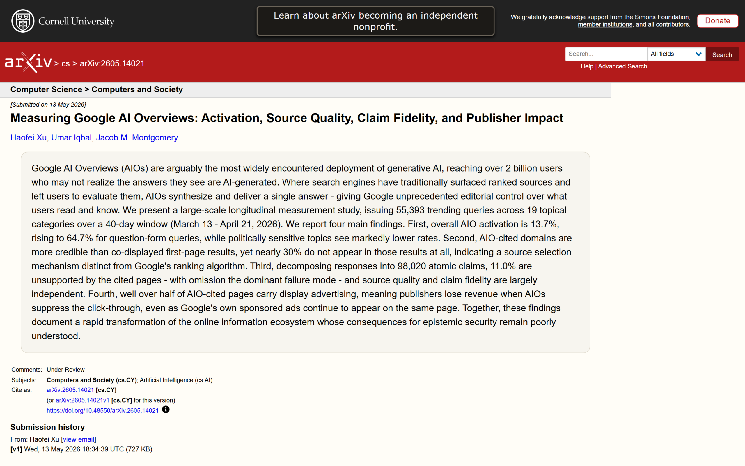 Screenshot of the arXiv abstract page for Measuring Google AI Overviews: Activation, Source Quality, Claim Fidelity, and Publisher Impact.