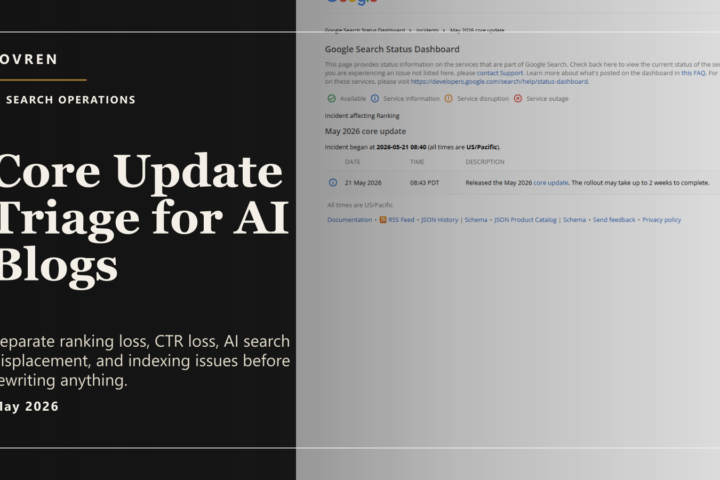 Premium editorial image about Google May 2026 core update and AI blog traffic recovery.
