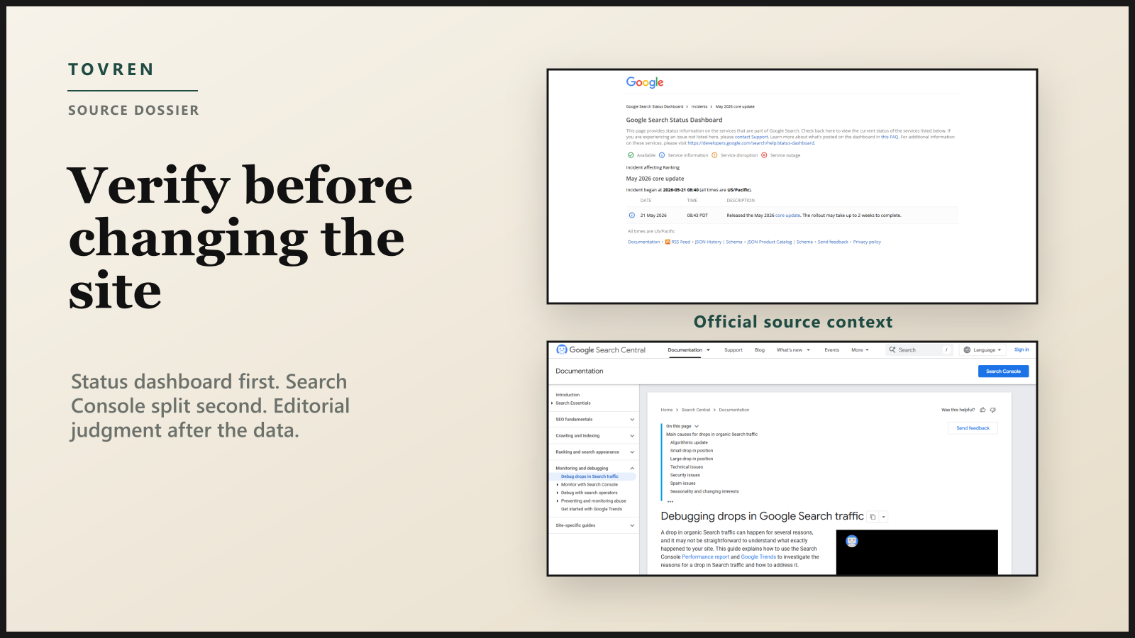Editorial source-context image using Google Search Status and Google Search Central pages for a core update traffic audit.