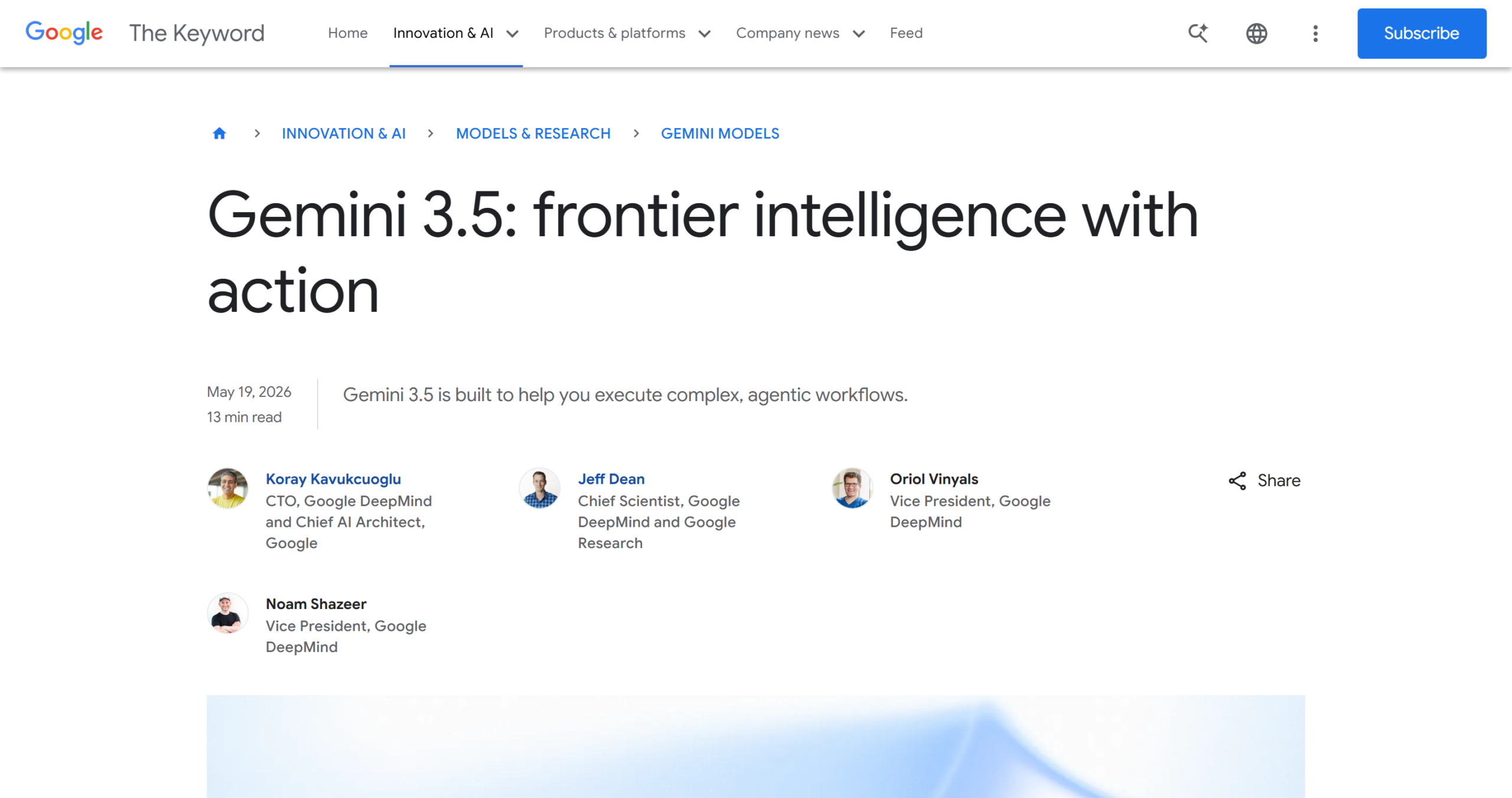 Screenshot of Google launch blog for Gemini 3.5 frontier intelligence with action.