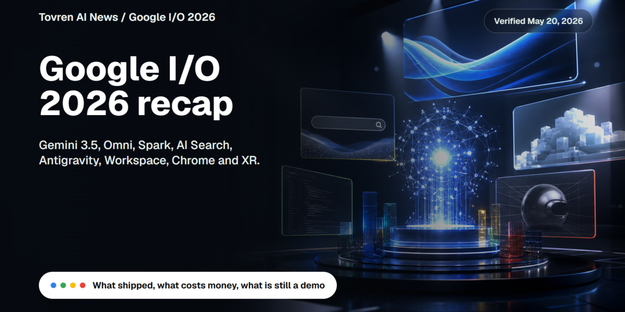 Premium editorial image summarizing Google I/O 2026 and the Gemini agent layer across Google products