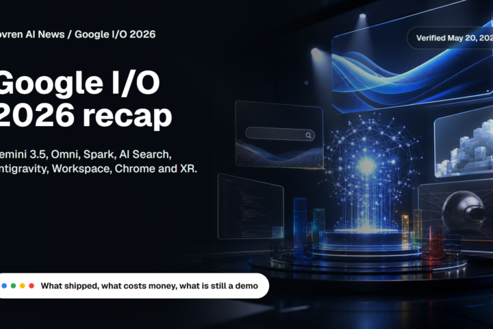 Premium editorial image summarizing Google I/O 2026 and the Gemini agent layer across Google products