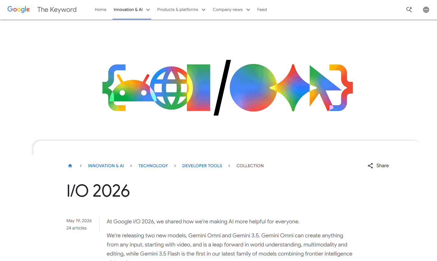 Screenshot of Google official I/O 2026 announcement collection