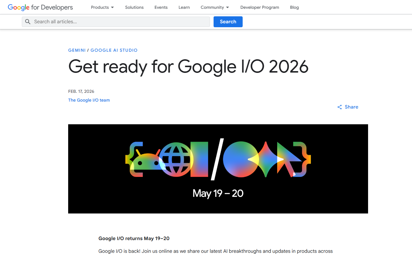 Official Google Developers Blog page announcing Google I/O 2026