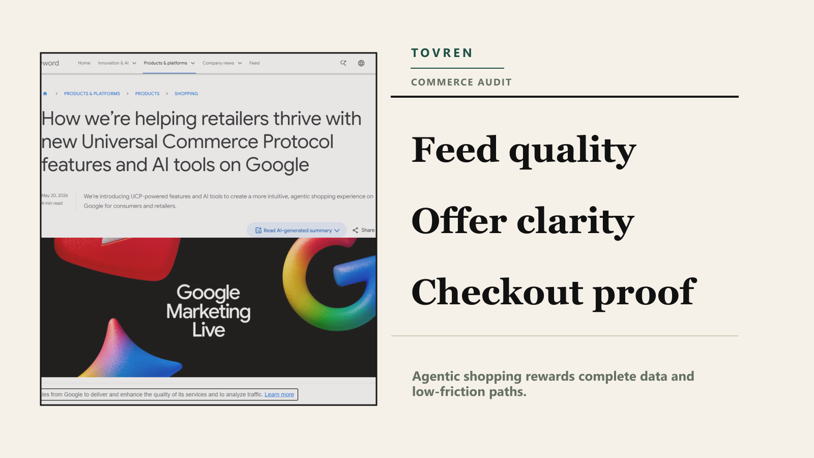 Premium editorial visual about ecommerce readiness for feed quality, offer clarity, and checkout proof.