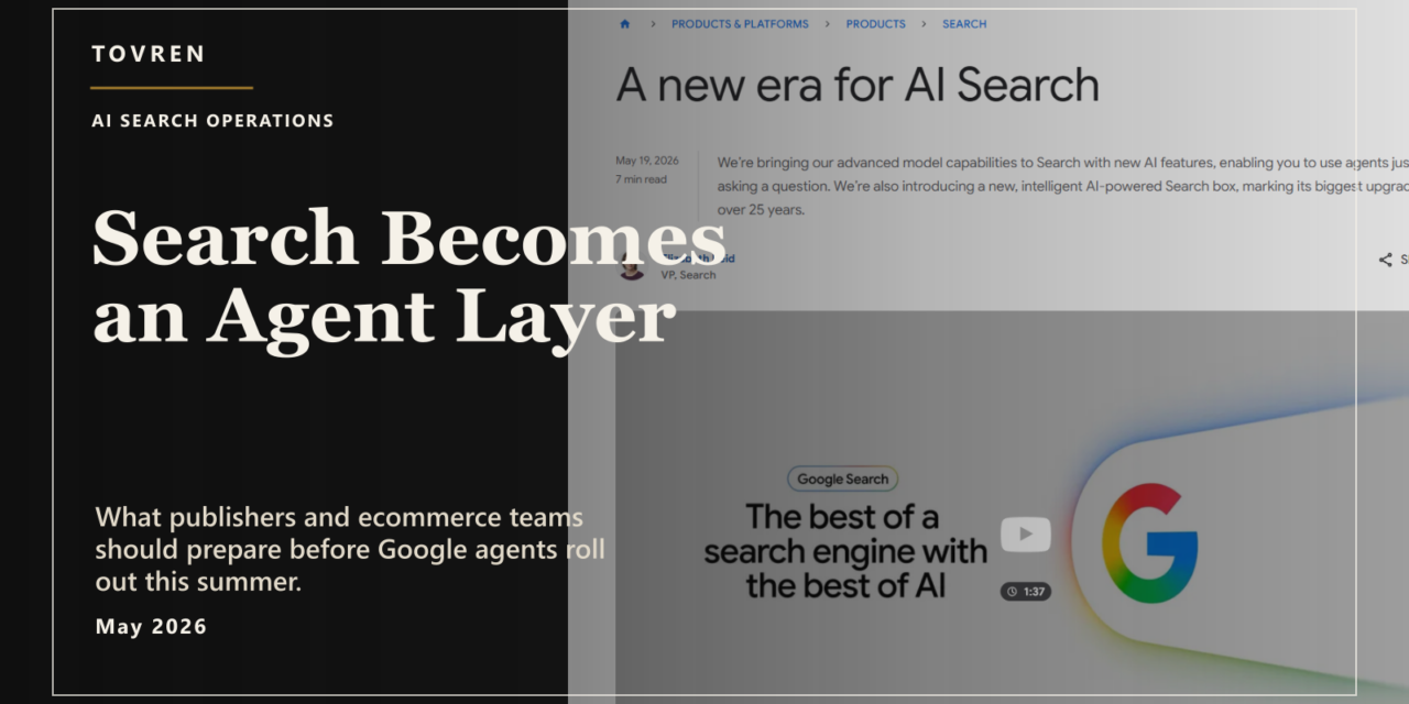 Premium editorial image showing Google Search becoming an agent layer for monitoring, comparison, booking, and shopping.
