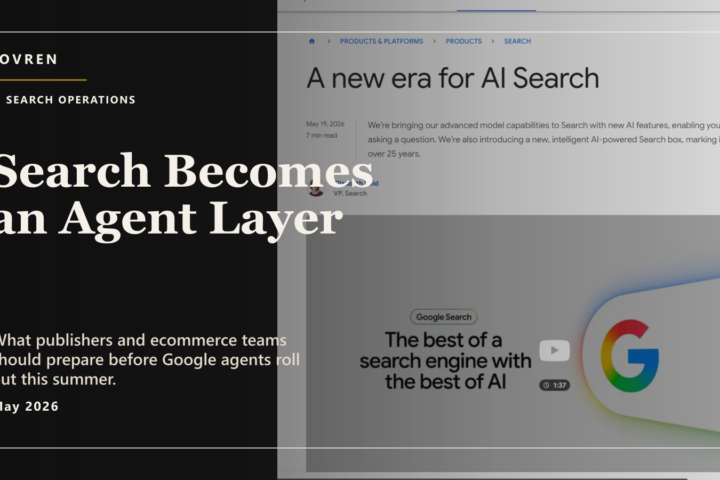 Premium editorial image showing Google Search becoming an agent layer for monitoring, comparison, booking, and shopping.