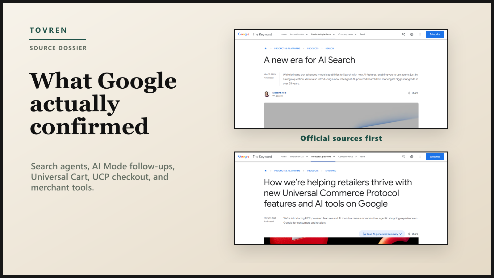 Wide editorial source dossier using official Google Search I/O and Google Shopping update screenshots.
