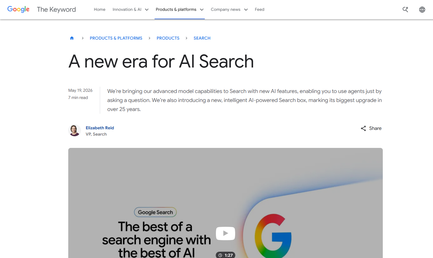 Screenshot of Google AI Search announcement page from Google I/O 2026