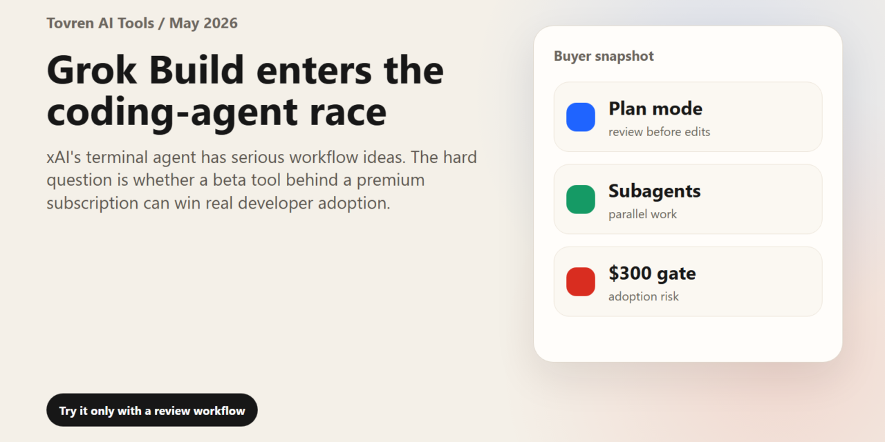 Grok Build coding agent buyer snapshot with plan mode, subagents and a 300 dollar access gate.