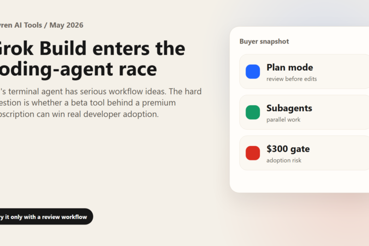 Grok Build coding agent buyer snapshot with plan mode, subagents and a 300 dollar access gate.