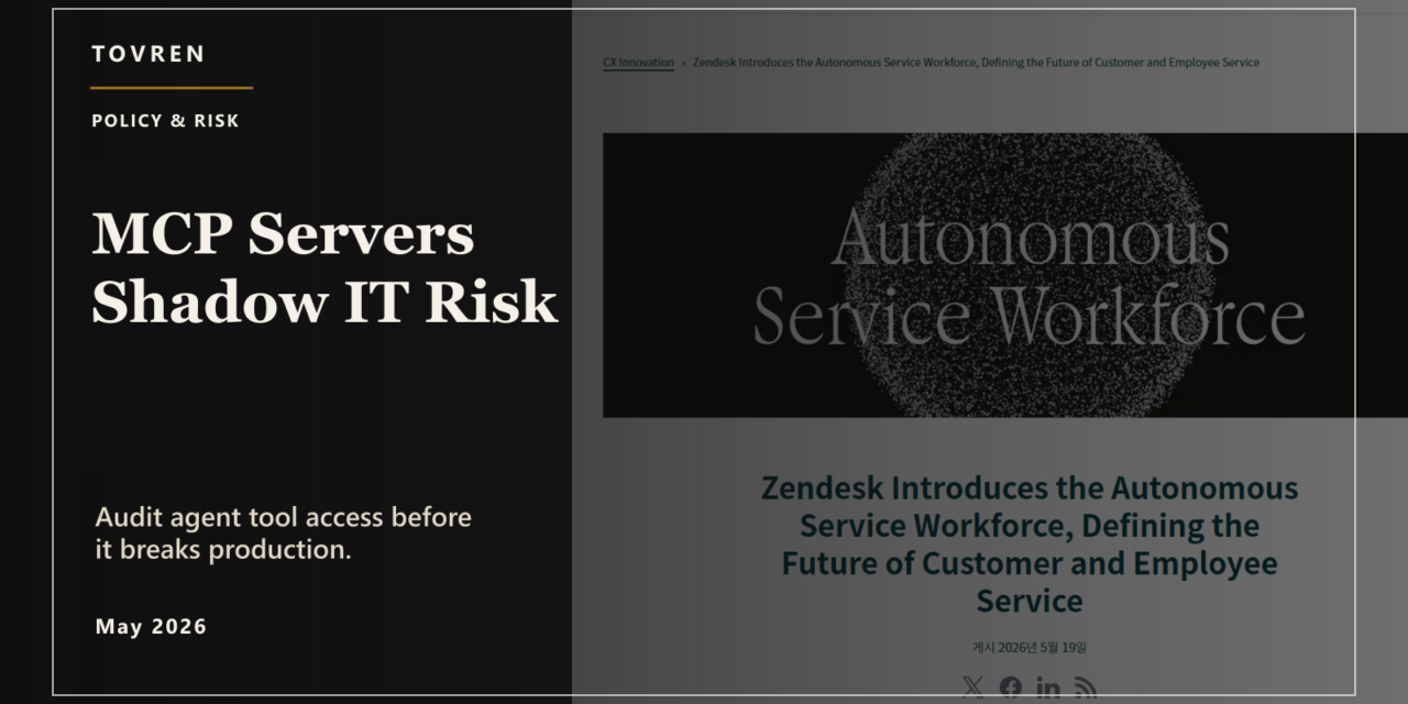 Premium editorial image about MCP servers becoming shadow IT risk for enterprise AI agents and production tool access.