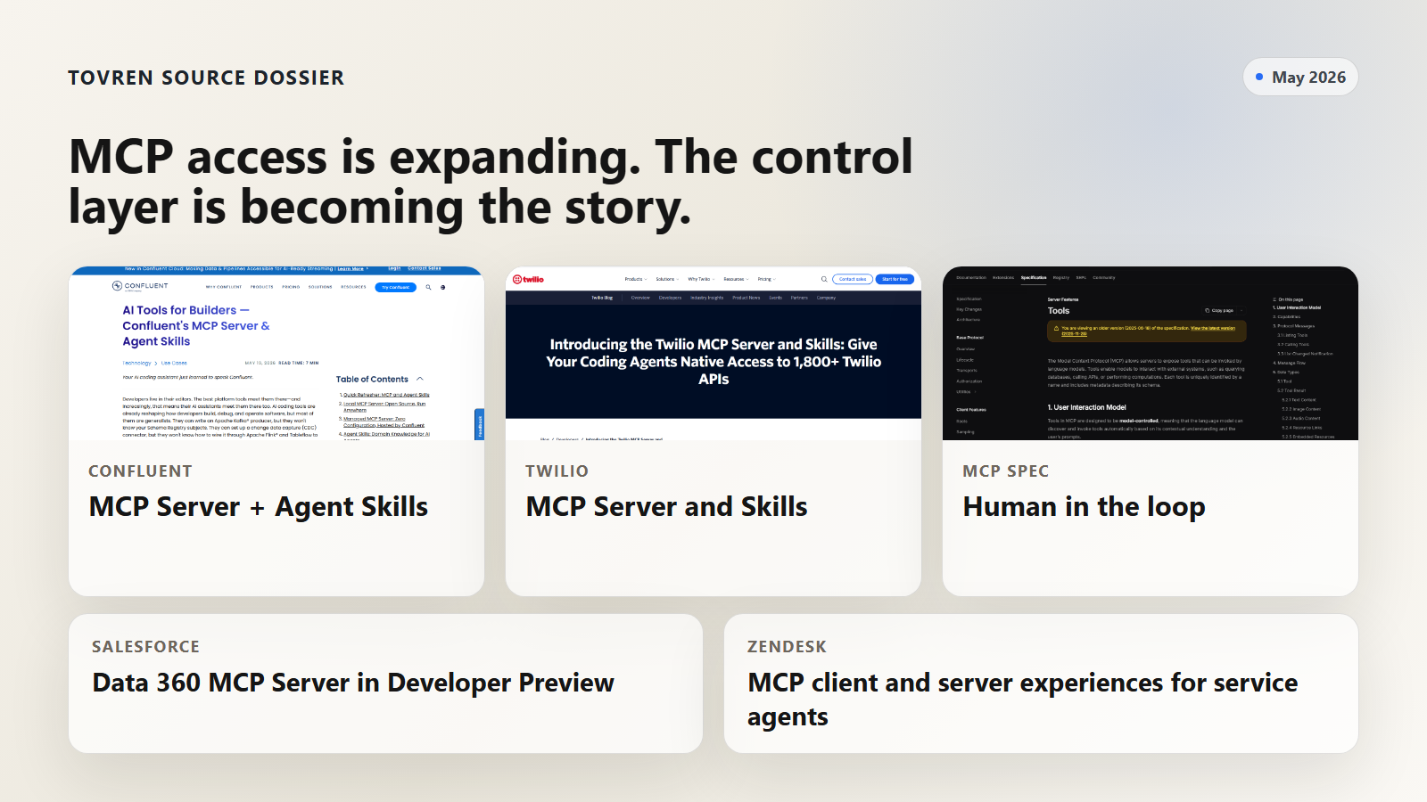 Source dossier showing official May 2026 MCP and Agent Skills announcements from Confluent Twilio Zendesk Salesforce and the MCP specification.