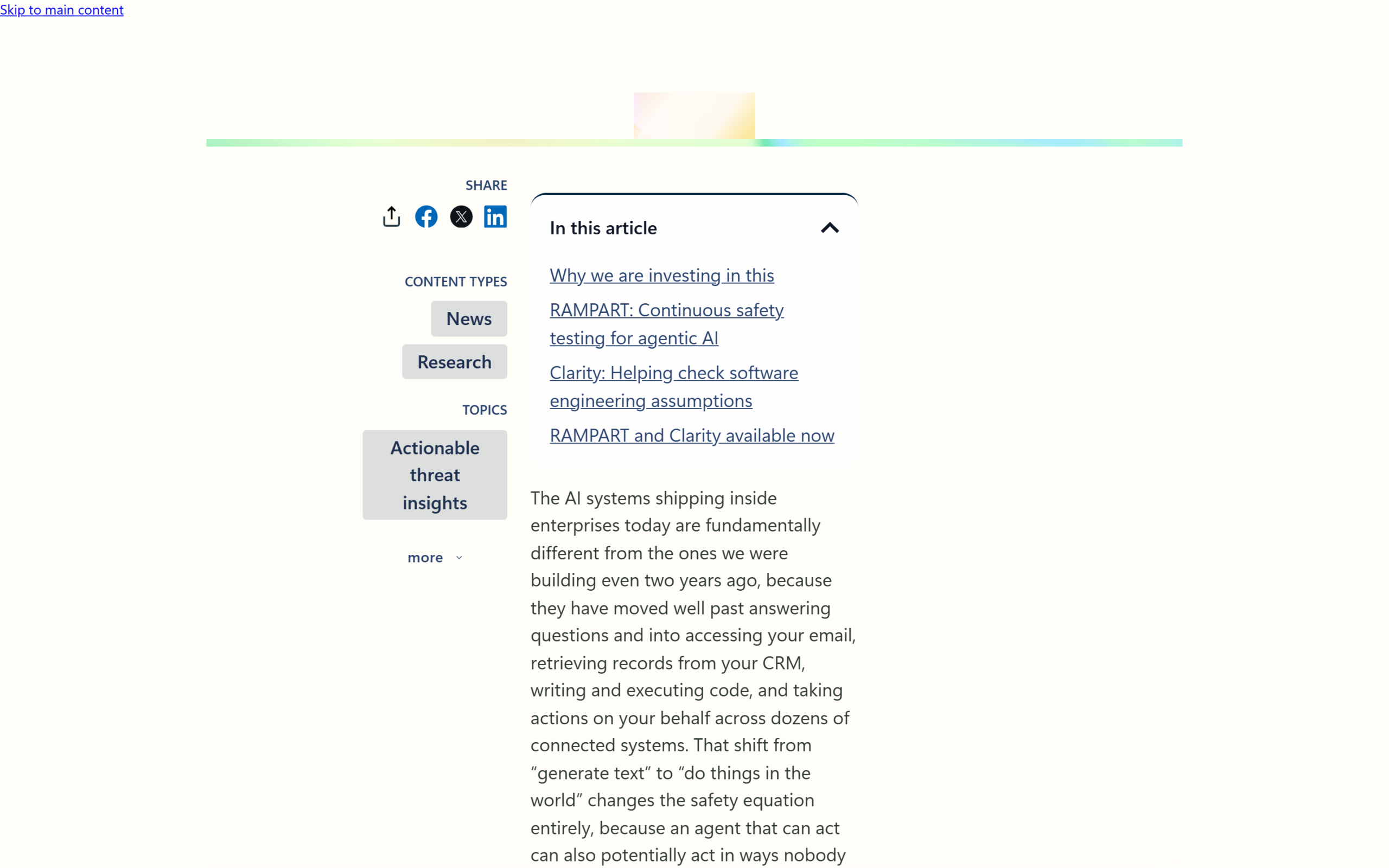 Screenshot of Microsoft Security Blog introducing RAMPART and Clarity as open-source tools for agent development safety.